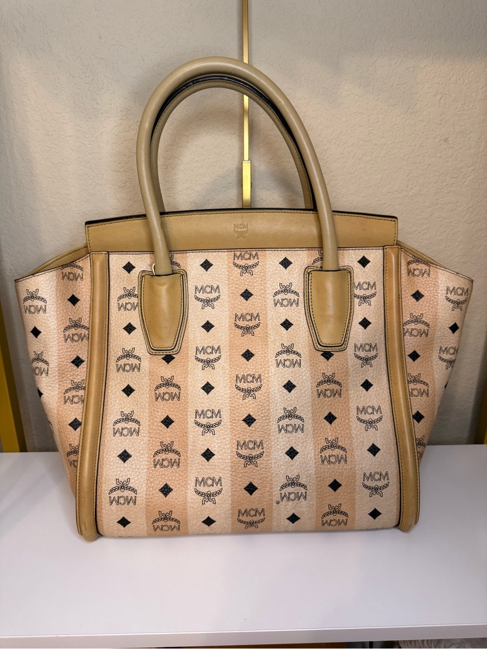 MCM Beige & Tan Visetos Logo Tote